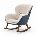 Schaukelsessel Stoff Beige mit Leder Blau und Holzbeine
