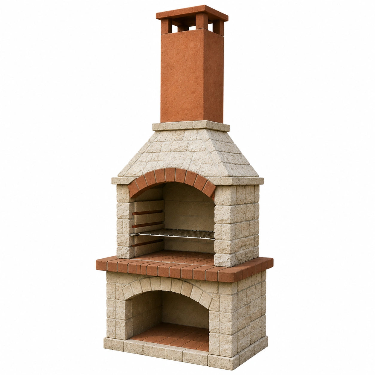 Gartenkamin Grill aus Kalkstein und Ziegel Beige/Rot 200cm