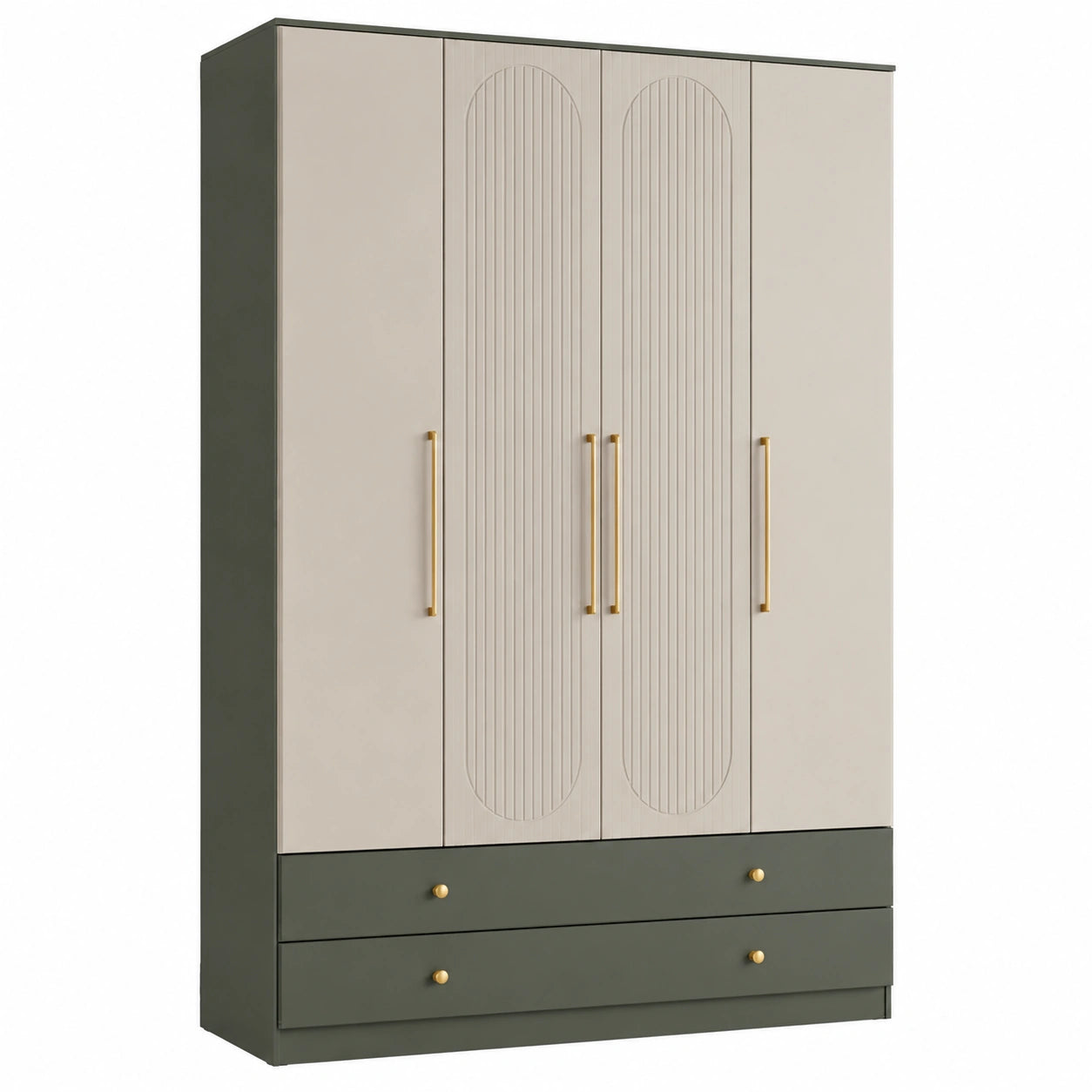 Kleiderschrank mit 4 Türen und 2 Schubladen aus Holz in Beige/Grün