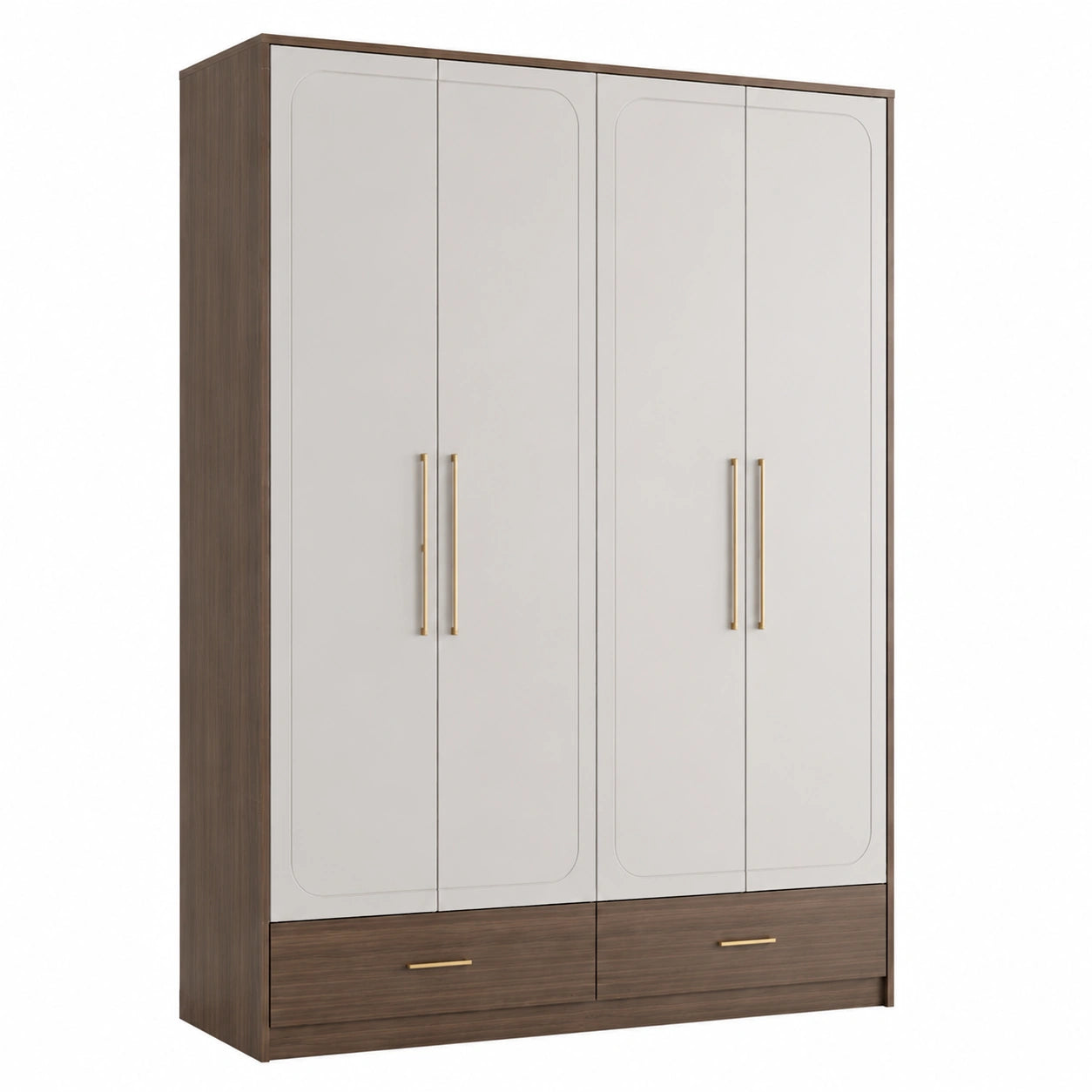 Kleiderschrank Holzfurnier Weiß Braun 4-Türig mit Schubladen 200cm