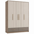 Kleiderschrank mit 4 Türen und 2 Schubladen aus Holz und Metall, Beige und Grau