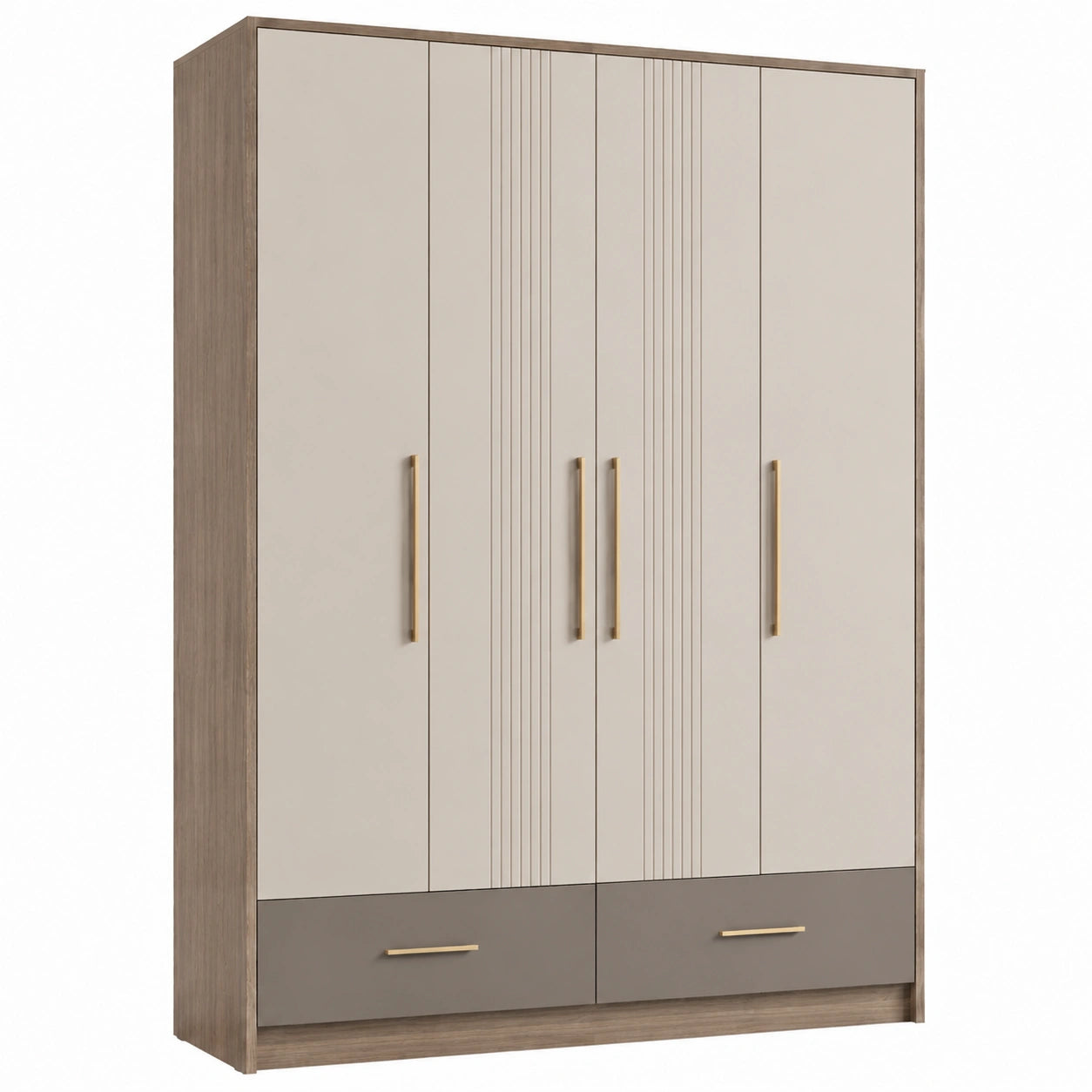 Kleiderschrank mit 4 Türen und 2 Schubladen aus Holz und Metall, Beige und Grau
