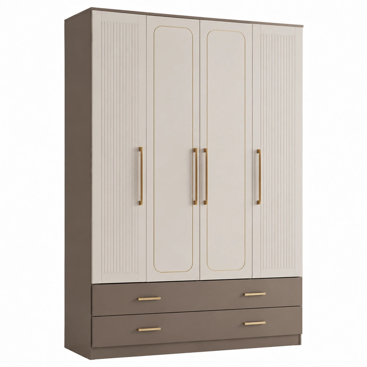 Kleiderschrank mit 4 Türen und 2 Schubladen aus MDF in Beige/Braun 200x150x60 cm