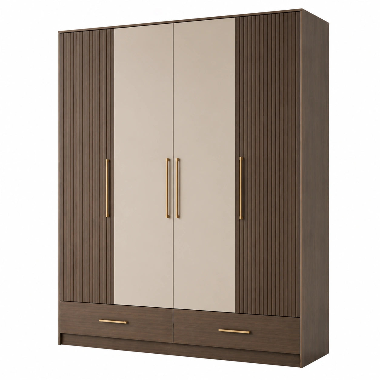Kleiderschrank aus MDF in Beige und Braun mit 4 Türen und 2 Schubladen