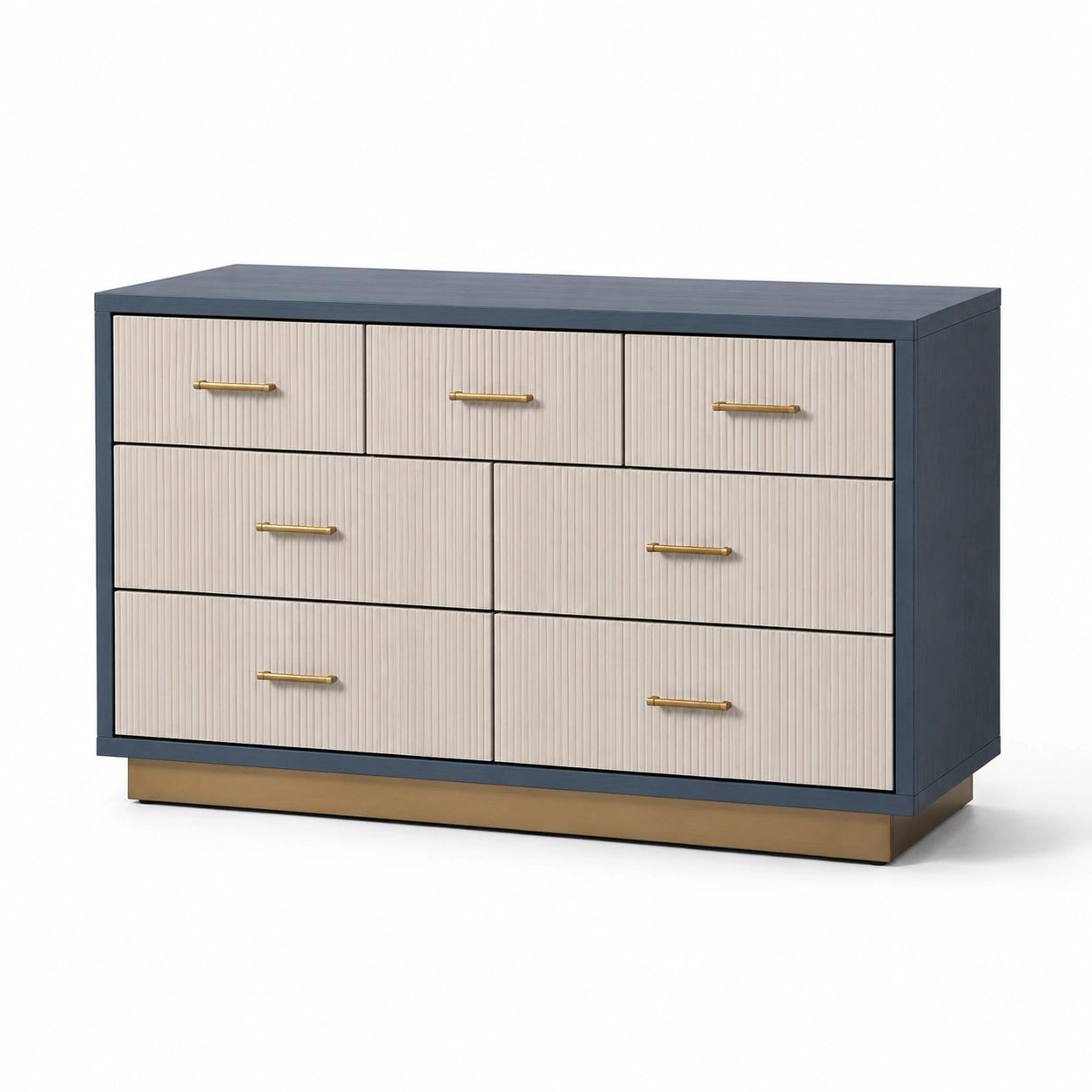 Holzkommode mit 7 Schubladen Blau/Beige mit Messinggriffen