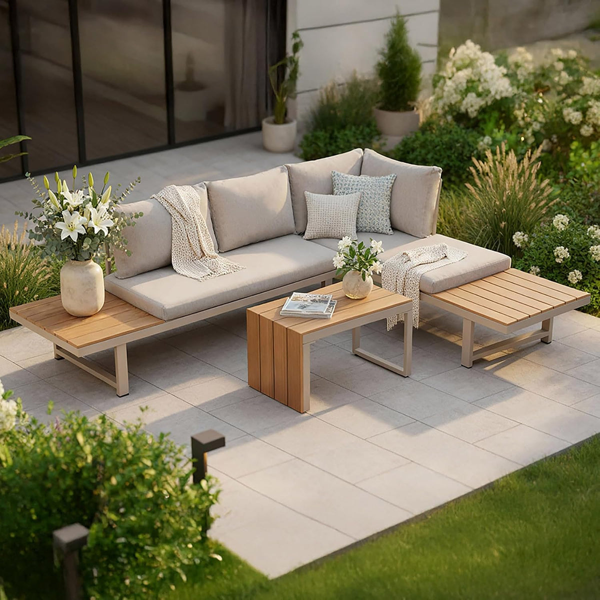 Esssets, 250cm, Aluminium, für den Garten, Riess Ambiente, Gartenmöbel-Set IBIZA MODULAR LOUNGE - 250cm - greige - Aluminium