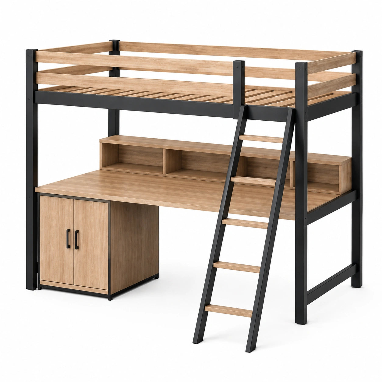 Hochbett mit Schreibtisch und Schränken aus Eichenfurnier/Stahl 200x100 cm Eichenholz/Schwarz