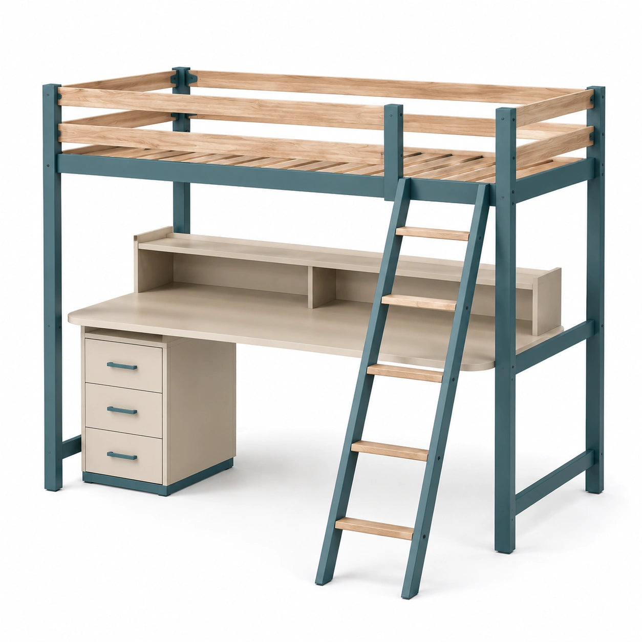 Hochbett mit Schreibtisch und Leiter aus Holz/Metall Eiche/Blau