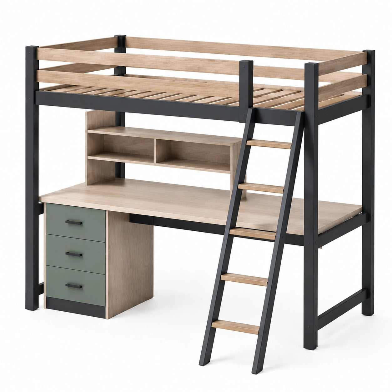 Hochbett mit Schreibtisch und Leiter Eichenholz/Stahl Naturholz/Schwarz 200x100x180cm