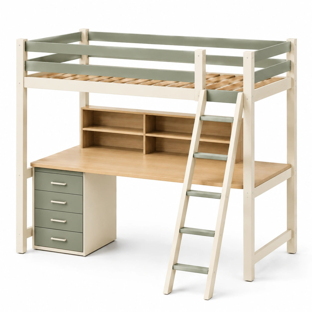 Hochbett mit Schreibtisch und Leiter, Beige/Grün