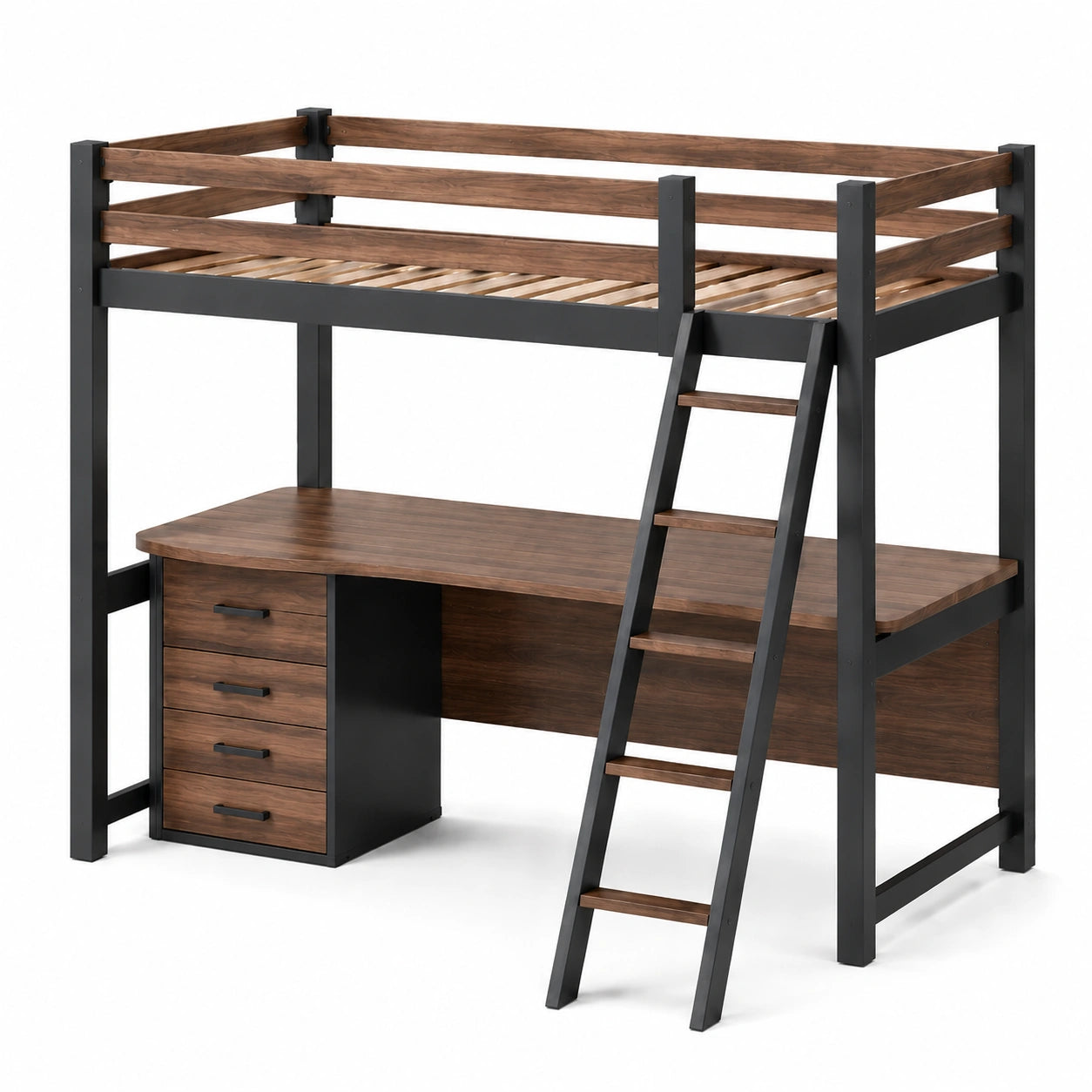 Hochbett mit Schreibtisch Holz/Metall Stahl Dunkelbraun/Schwarz 200x100x180 cm