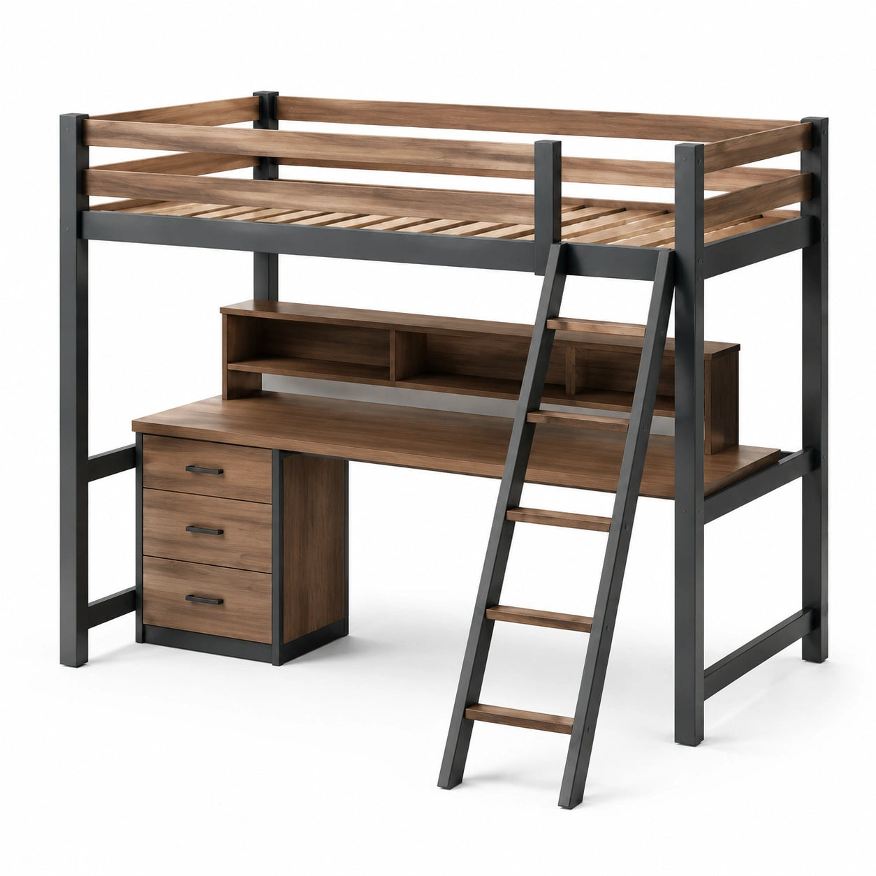 Hochbett mit Schreibtisch aus Kiefernholz und Metall 200x90x185cm