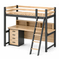 Hochbett mit Schreibtisch und Regal aus Metall und Eichenholz 200x90cm