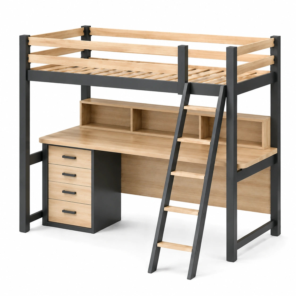 Hochbett mit Schreibtisch und Regal aus Metall und Eichenholz 200x90cm