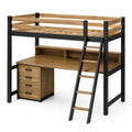 Hochbett mit Schreibtisch und Regal aus Metall und Eichenholz