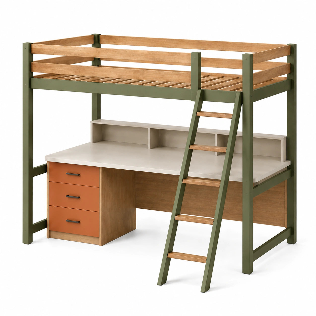 Hochbett mit Schreibtisch und Leiter aus Holz und Metall