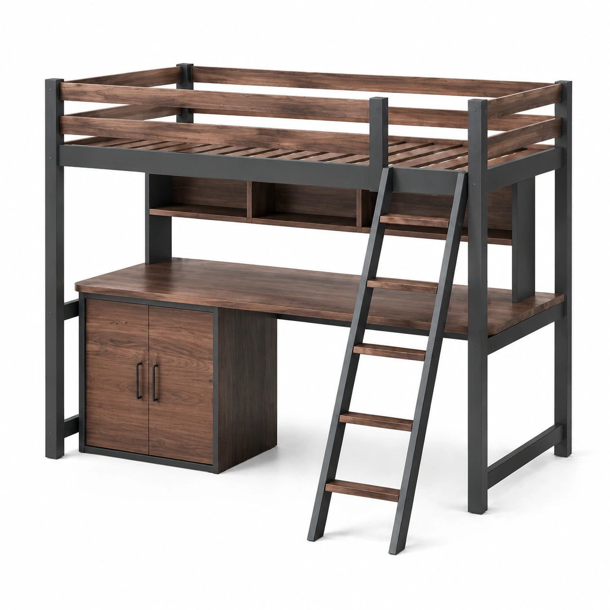 Hochbett mit Schreibtisch Holz Metall Dunkelbraun Schwarz 200x100x180cm