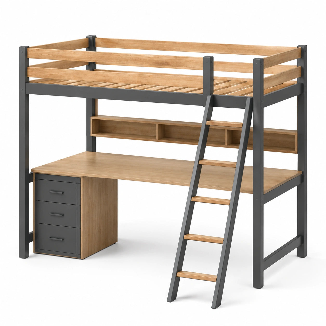 Hochbett aus Holz und Metall mit Schreibtisch und Leiter, Natur/Anthrazit