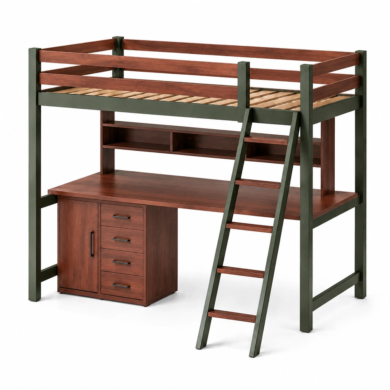 Hochbett aus Holz und Metall mit Schreibtisch und Regal 200x100cm