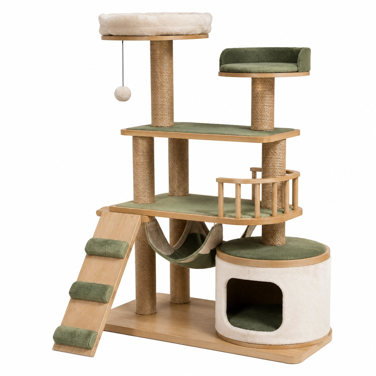 Katzenbaum aus MDF-Holz mit Höhle und Hängematte in Grün und Beige