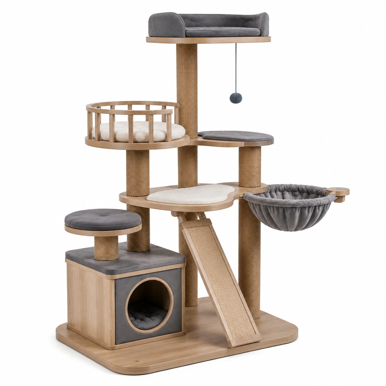 Katzenkratzbaum aus MDF mit Sisal und Polyester, Grau/Beige, 140 cm