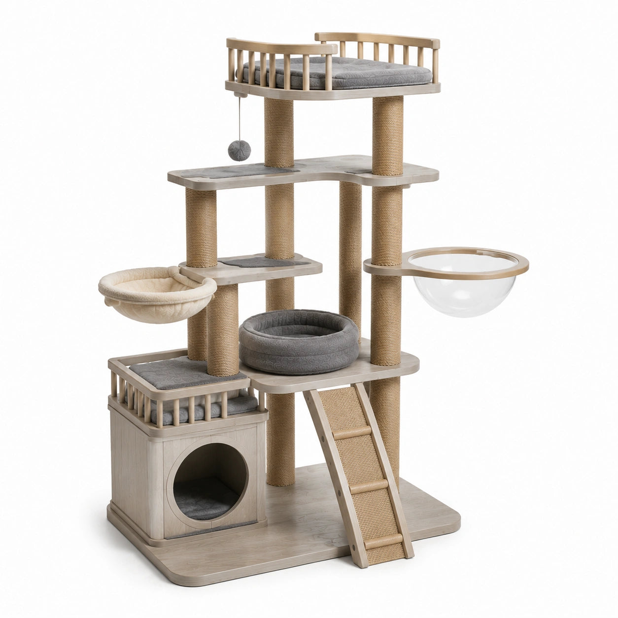 Katzenbaum aus Holz mit Sisal und Acryl, Beige/Grau, 130 cm