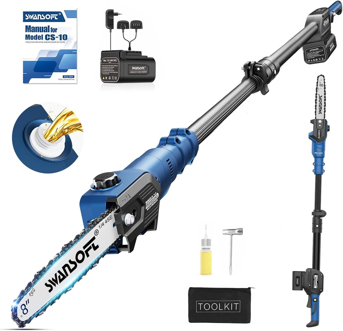 Tisch, 18cm, 8 Zoll, 21V, 600W, kabellos, für den Garten, SWANSOFT, 21V (600W) mit 2x4.0Ah Akkus, Automatischem Schmierung & 2, 5m Höhe