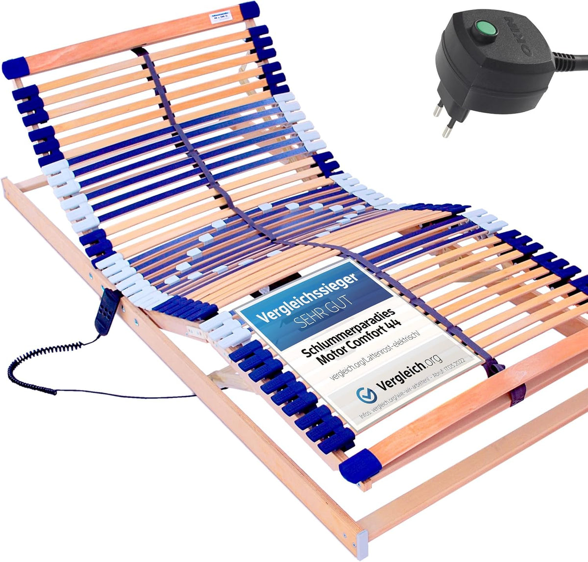 Lattenroste, 90 × 200cm, verstellbar, Schlummerparadies, 7 Zonen, 44 Federleisten, Mittelgurt - Motor Comfort 44 - fertig montiert (90x200)
