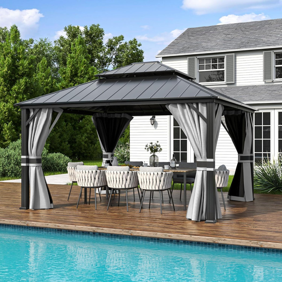 Gartenpavillon, 3.65 × 4.25 m, Aluminium, Stahl, Grau, für den Garten, für die Terrasse, UDPATIO