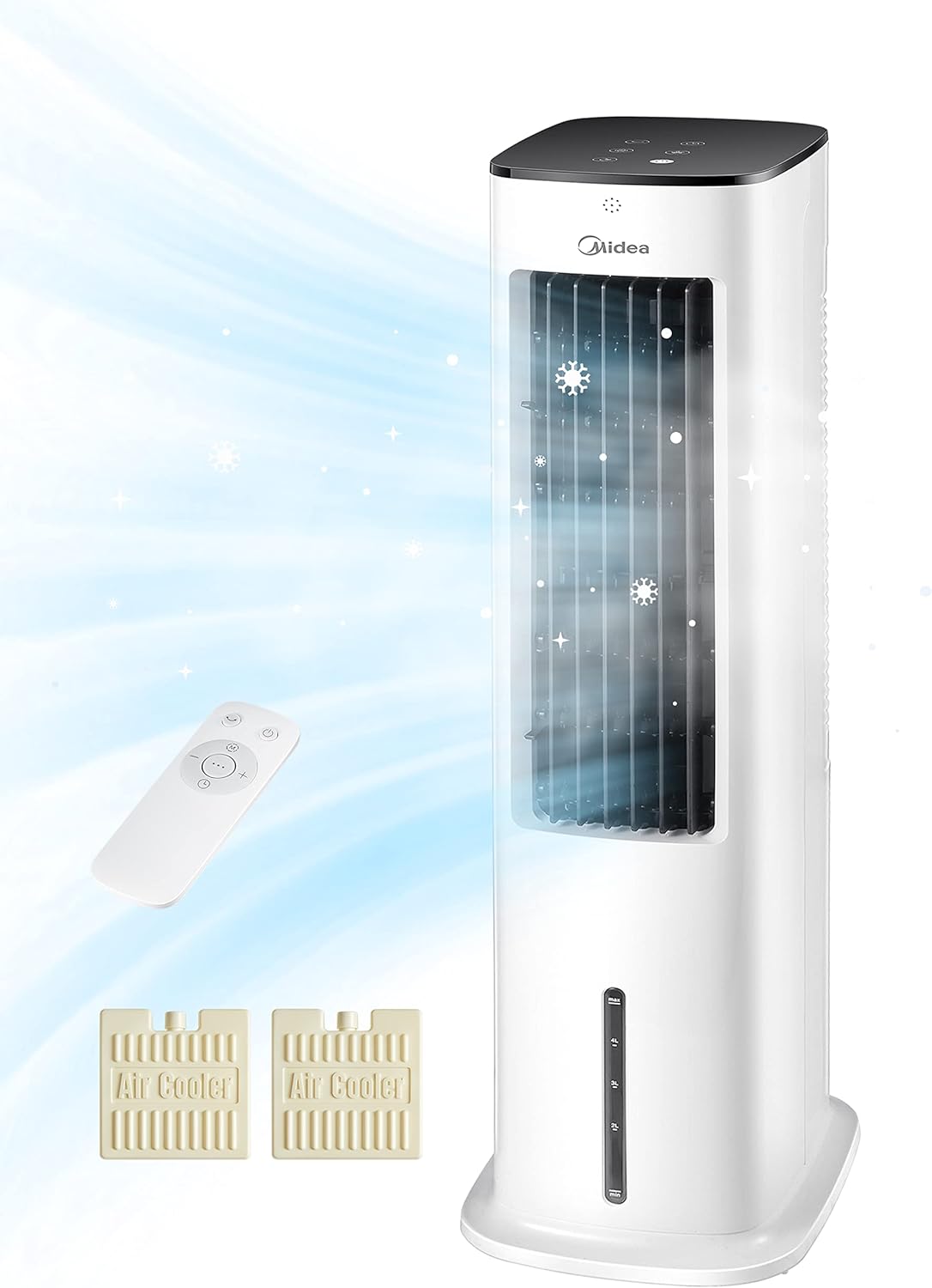 Klimaanlage, 5L, 55W, mit LED-Beleuchtung, mit Fernbedienung, Weiß, Midea, 5L Wassertank, 355m3/h Luftdurchsatz, LED-Display