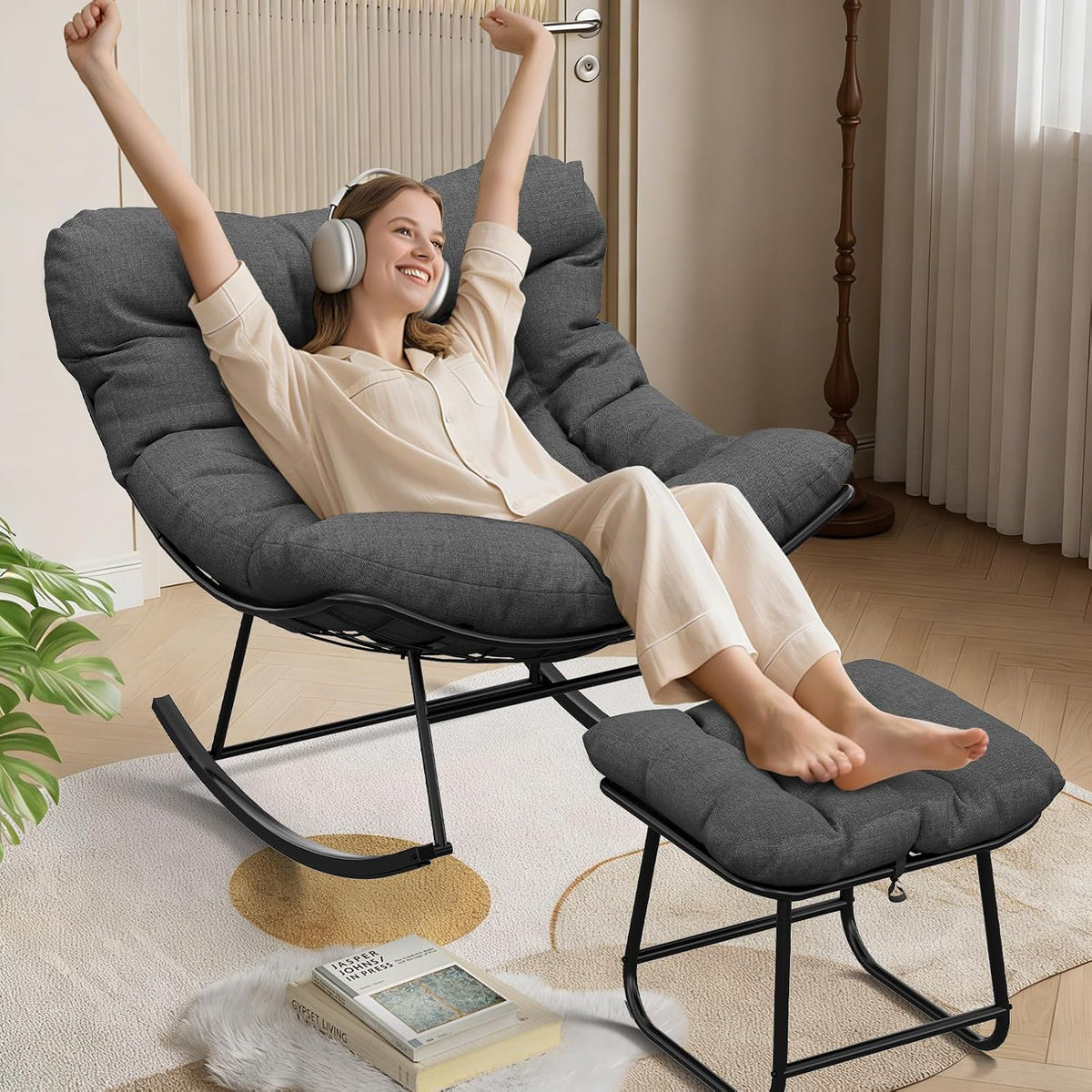 Stuhl, 180 kg, für den Garten, für die Terrasse, Acekool, ergonomischer Relaxsessel mit Sitzpolster & Fußhocker, bis 180 kg belastbar, für Garten