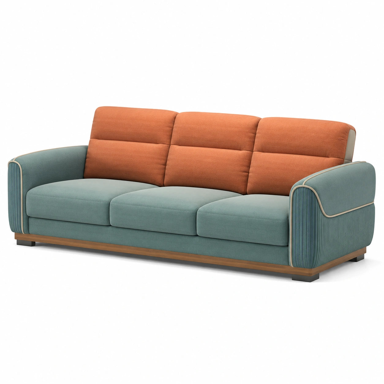 3-Sitzer Sofa Stoff Orange/Blau mit Holzrahmen