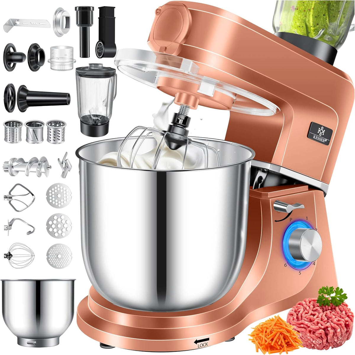 Knet- & Rührmaschinen, 1500W, 5,5L, für die Küche, KESSER, KESSER Küchenmaschine 3in1 mit Fleischwolf & Mixer, 1500W Knetmaschine 5