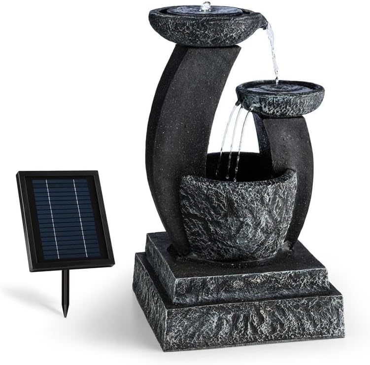 Freistehende, 3 W, kabellos, Schwarz, für den Garten, blumfeldt, blumfeldt Fantaghiro Zierbrunnen mit Wasserspiel - Gartenbrunnen, 3 Ebenen