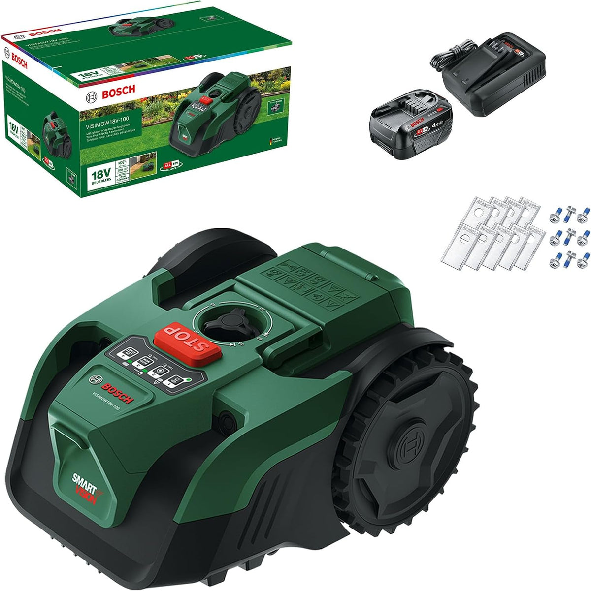 Bosch VISIMOW18V-100 Mähroboter, 16 cm, kabellos, Schnittbreite: 16 cm, Schnitthöhe: 20-60 mm, mit Ersatzmessern, inkl. Akku und Ladegerät)