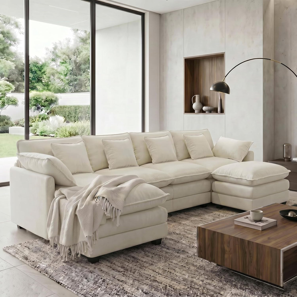 Sofa, 316 × 140 × 97 cm, Stoff, Beige, für das Wohnzimmer, Urhanherry, Modulares Sektionssofa 6-Sitzer mit 2 Ottomanen