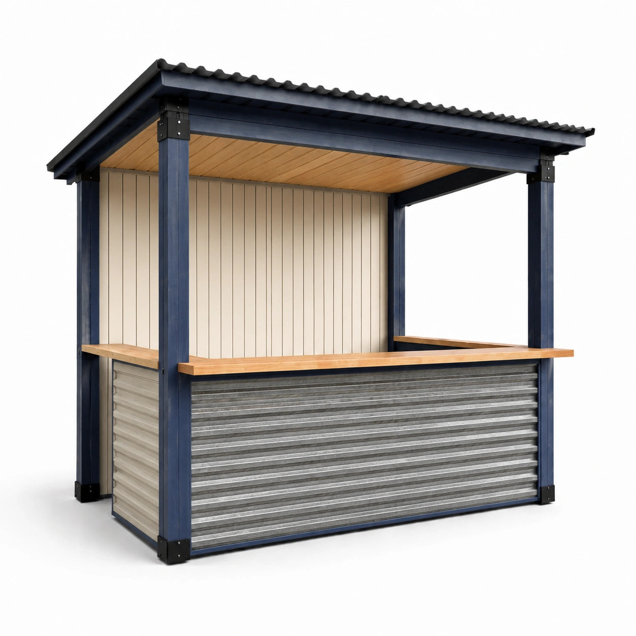 Barpavillon aus Stahl und Holz mit Wellblech in Blau