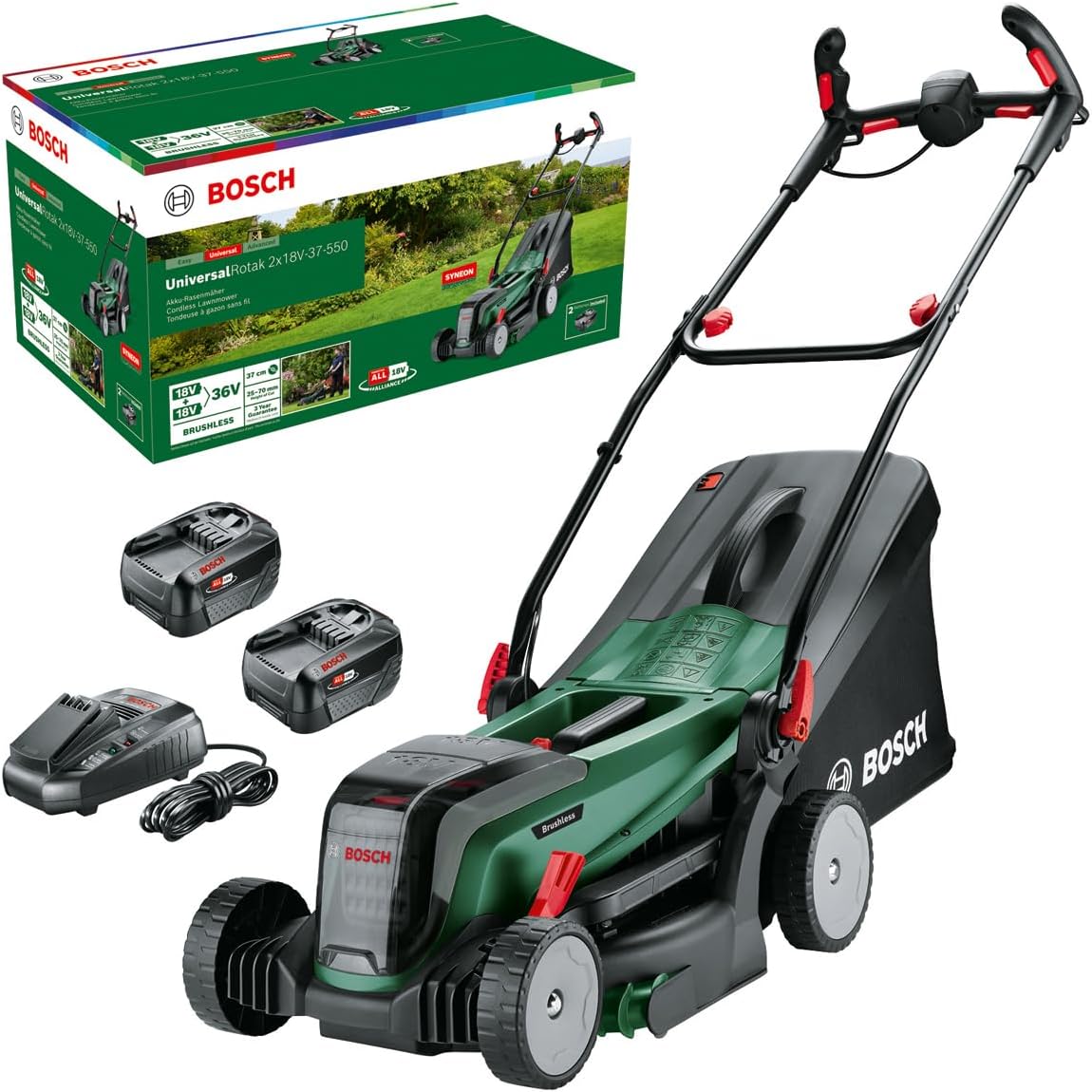 Bosch Rasenmäher, 37 cm, kabellos, Bosch Akku-Rasenmäher UniversalRotak 2x18V-37-550