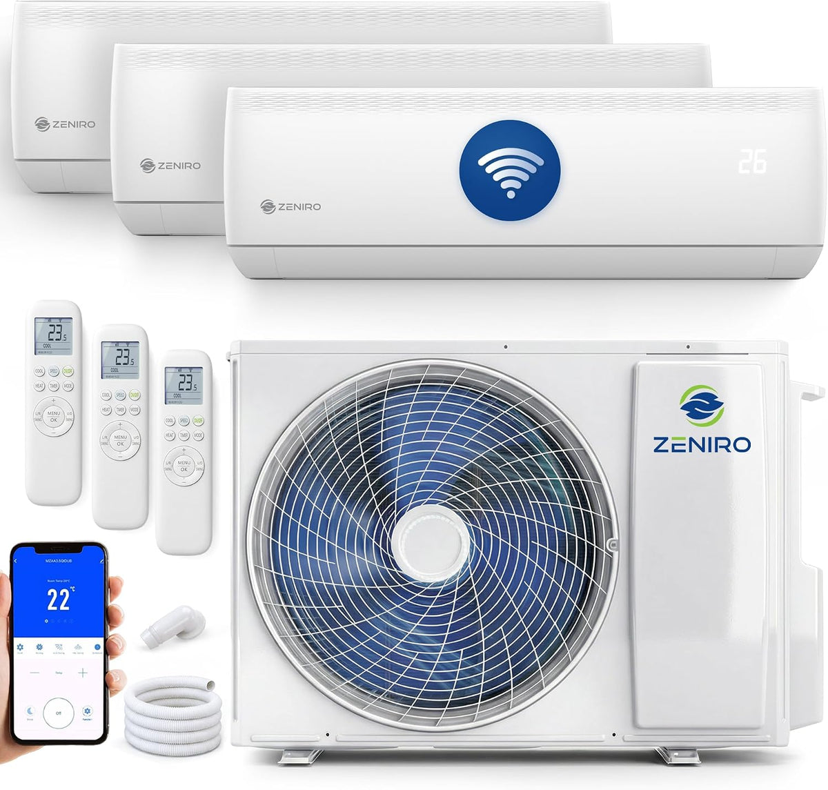 Klimaanlage R32, 2,6kW, 6,2kW, 20°C, mit WLAN, Smart-Steuerung, Zeniro, Multi Split Klimaanlage 3 Innengeräte Set (3 x 2