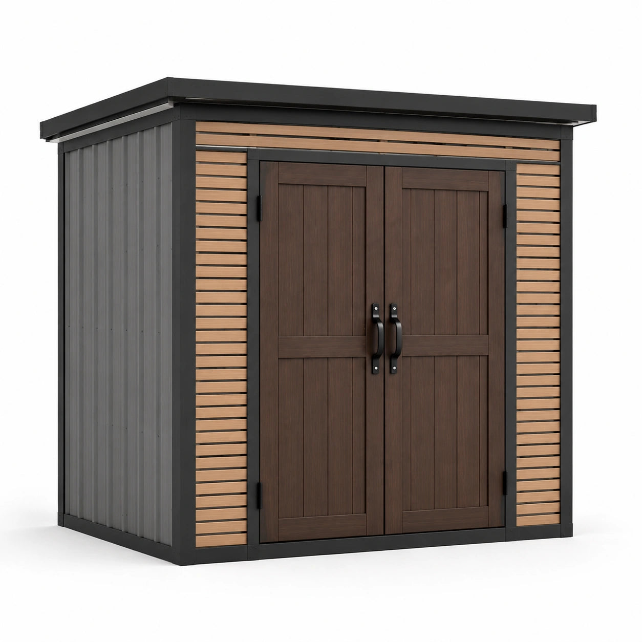 Metall-Gartenhaus mit Holzoptik Türen und Stahlrahmen