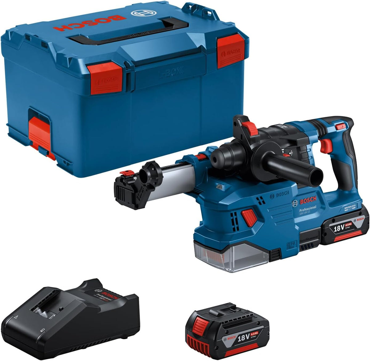 Bosch Bohrhämmer, 18V, kabellos, inkl. 2x 4.0Ah Akku, Schnellladegerät GAL 18V-40, 2x Ringbürste, GDE 18V-12