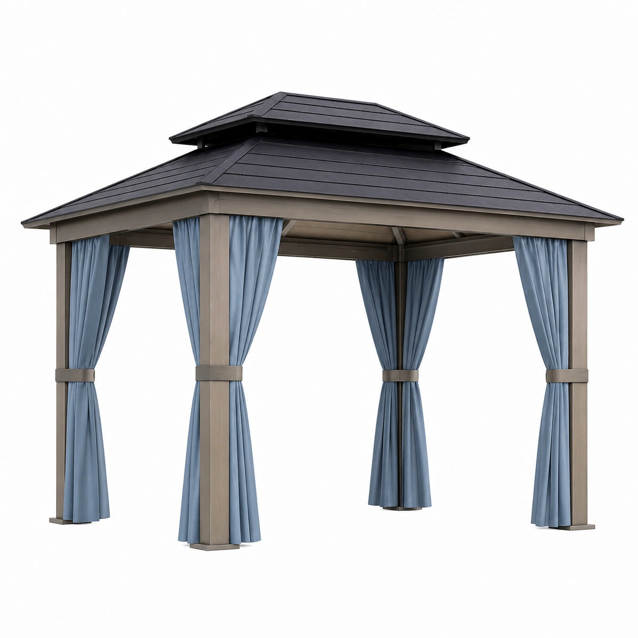 Aluminium Pavillon mit Doppeldach und Polyester Vorhängen, Dunkelgrau/Blau, 300x300x270 cm