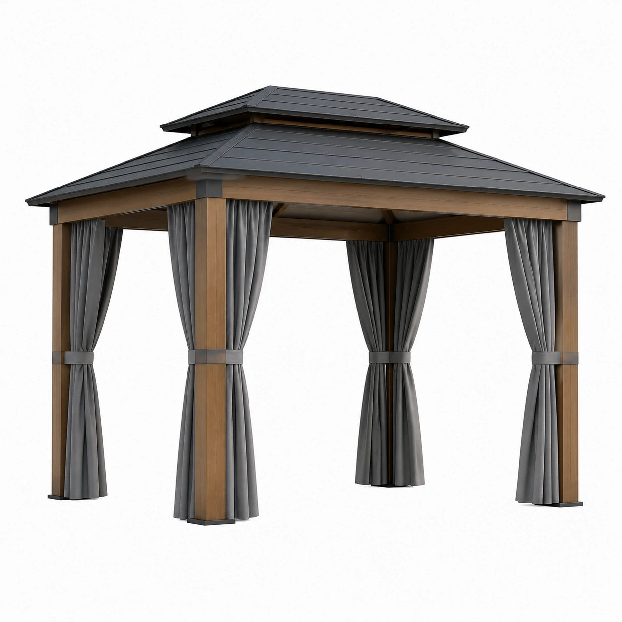 Gartenpavillon aus Aluminium mit Polycarbonatdach und grauen Vorhängen