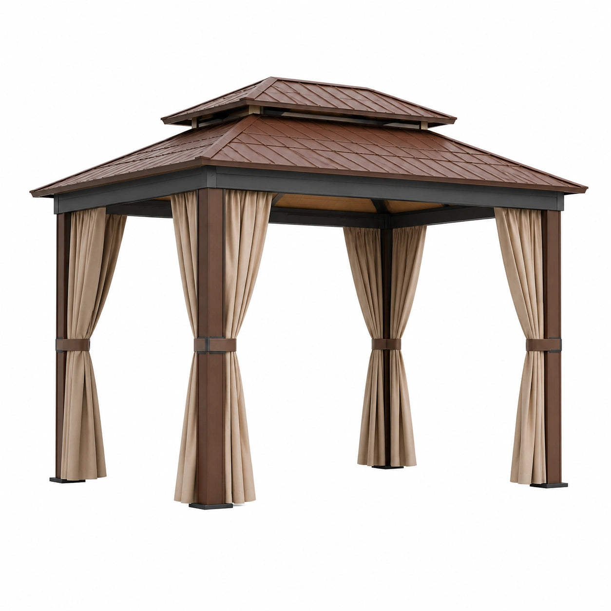 Pavillon Aluminium mit Polycarbonat-Dach und Vorhängen, Braun