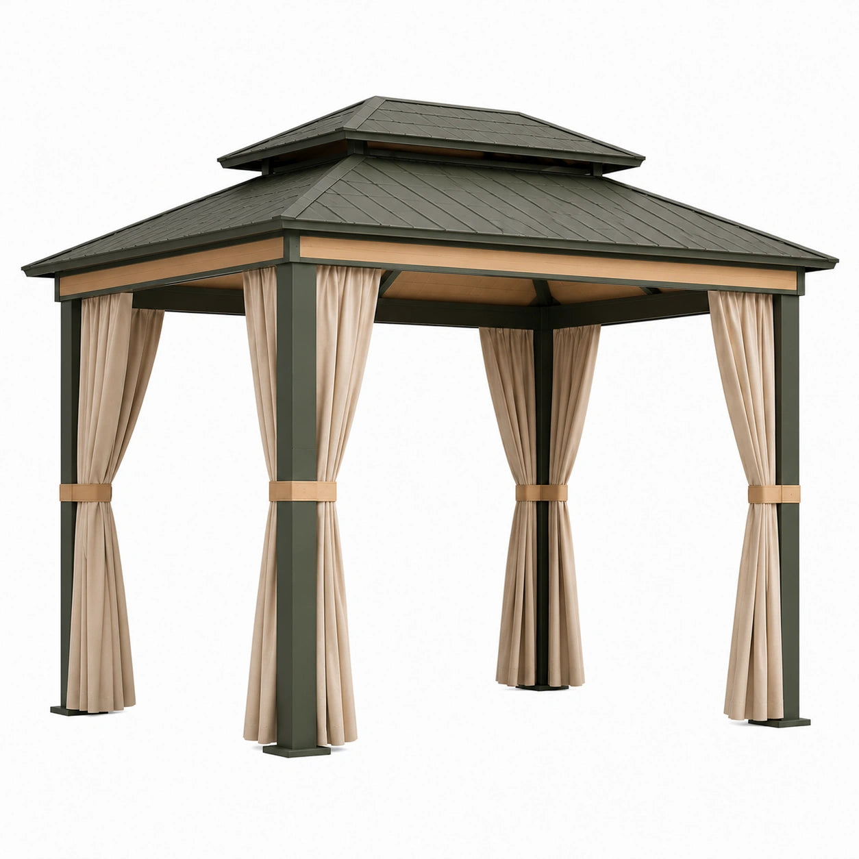 Aluminium Gartenpavillon mit Polycarbonatdach und Polyester Vorhängen 3x3 m Dunkelgrau/Beige