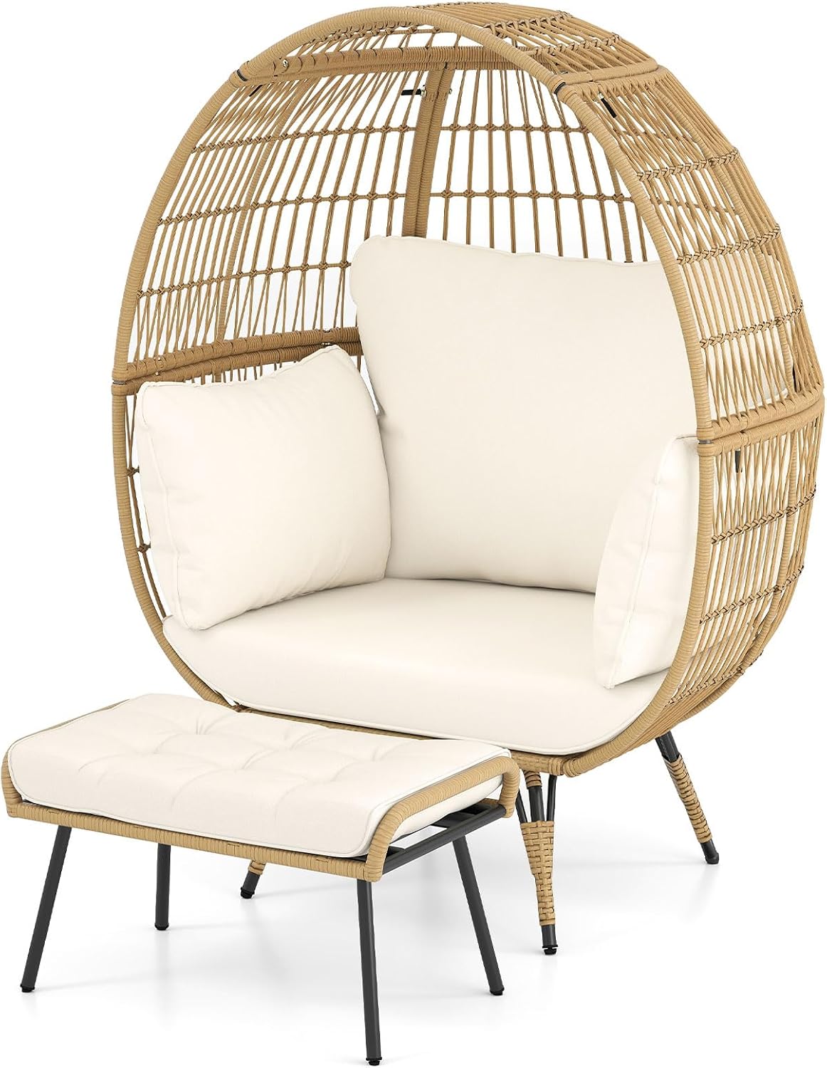 COSTWAY Stuhl, 110 × 82 × 145 cm, Metall, Beige, für den Garten, für die Terrasse, COSTWAY Korbsessel Rattan mit Hocker, Loungesessel für Balkon