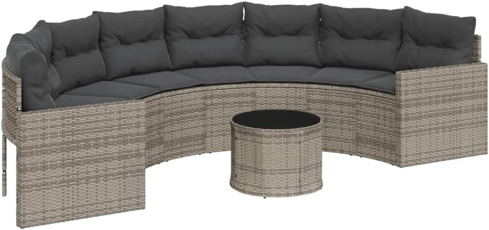 vidaXL Sofa, Grau, für den Garten, vidaXL Gartensofa mit Tisch und Kissen Halbrund Grau Poly Rattan