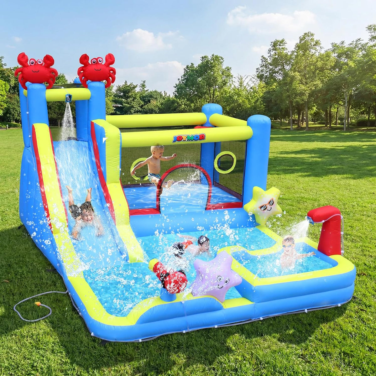 Hüpfburgen, 211 × 102 cm, Blau, Bonnlo, hüpfburg mit Gebläse und Troken-/Wasserrutsche, Spielhaus Outdoor für Kinder ab 3 Jahre (Blau-XXL)