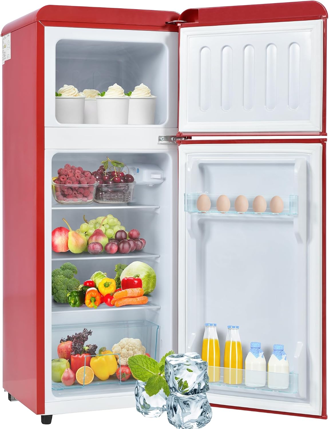 Kühl-Gefrier-Kombination, 92L, 28L, mit LED-Beleuchtung, mit Schubladen, Glas, Rot, Merax, 28L Gefriervolumen, 3 Glasablagen, 181 kWh/Jahr