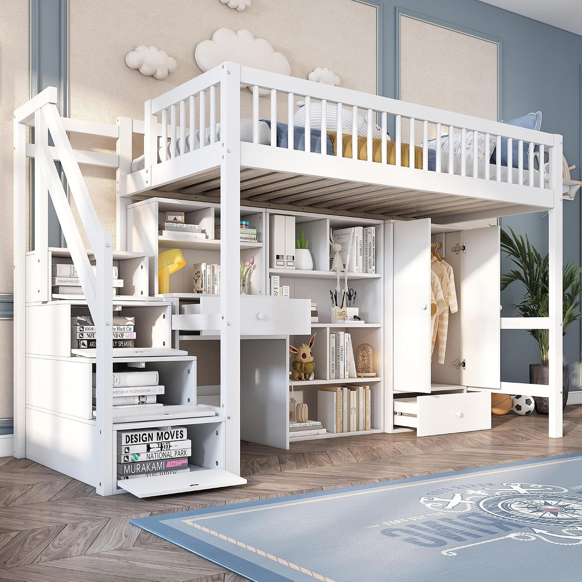 Matratze, mit Schubladen, Massivholz, Weiß, MYBOO, Kinderbett Etagenbett 90x200, Einzelbett Holzbett Jugendbett mit Lattenrost&Rausfallschutz